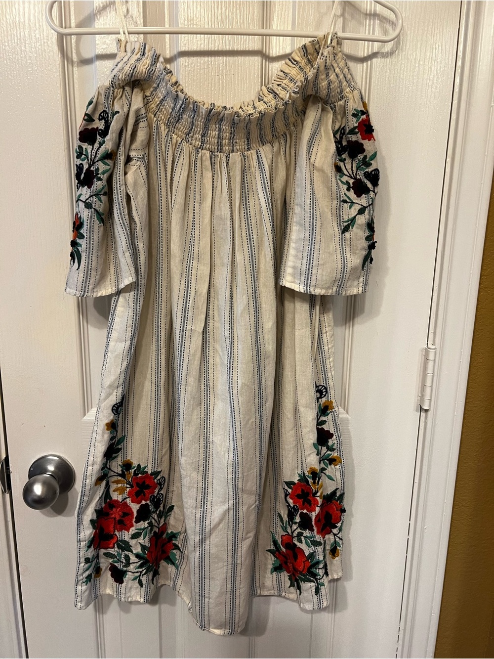 Zara TRF Collection Boho Embroidered Off-the-Shoulder Striped Mini Dress, Size S